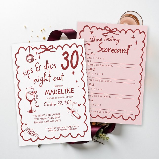 Winery Night Out Wine Tasting Chic 30th Birthday Invitation (winery birthday invitation wine tasting scorecard red burgundy pink napa sonoma country)