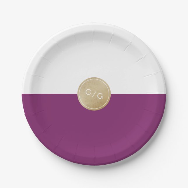Winery purple minimalist modern wedding monogram paper plate (Front)