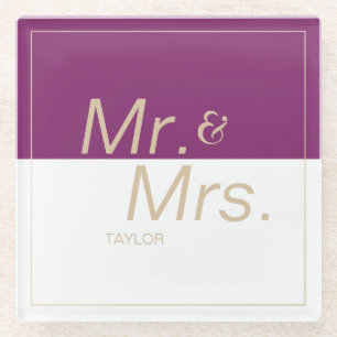 Winery purple minimalist modern wedding mr & mrs glass coaster