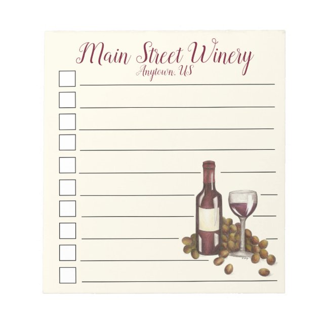 Winery Red Wine Bottle Glass Grapes Checklist Notepad (Front)