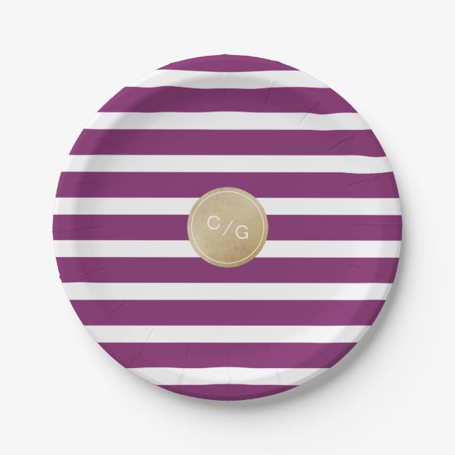 Winery stripes simple modern wedding monogram paper plate (Front)