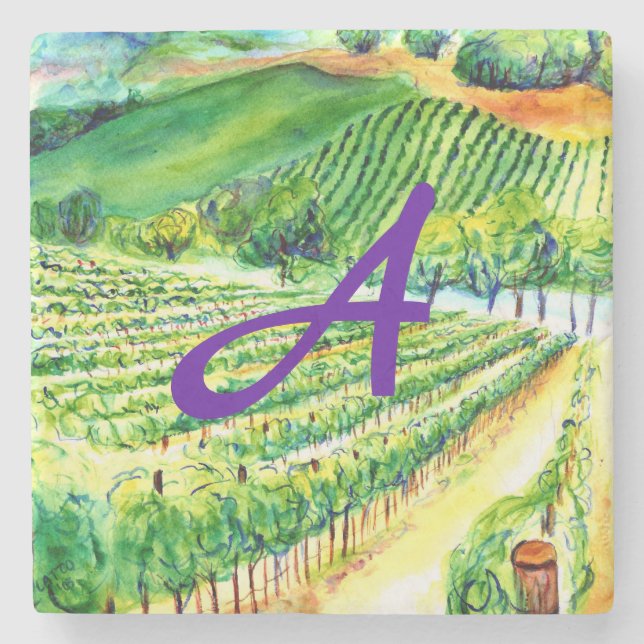 Winery Vineyard Art Custom Monogram Stone Coaster (Front)