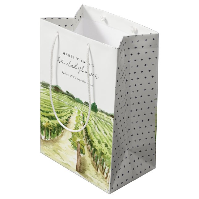 Winery Vineyard Watercolor Green Bridal Shower Medium Gift Bag (Back Angled)