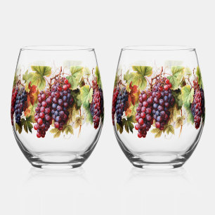 Winery Watercolor Grapes Grapevine Stemless Wine Glass