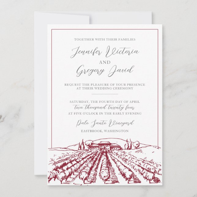 Winery Wedding Invitation with Vineyard Drawing (Front)