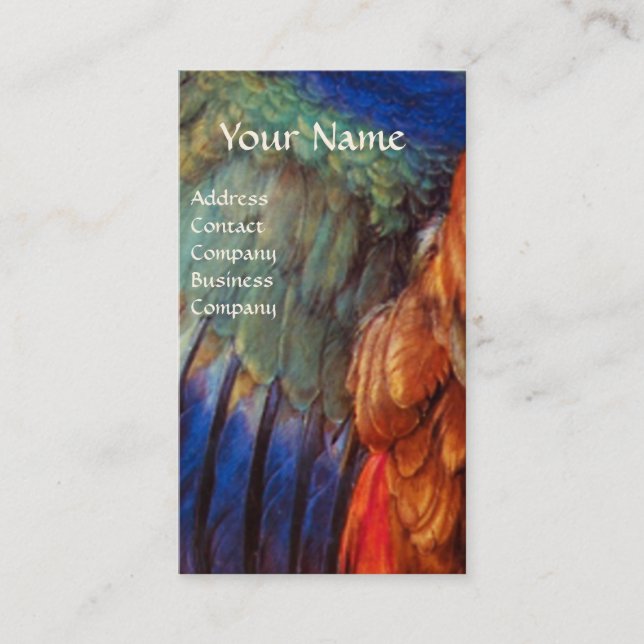 WING FEATHERS OF A ROLLER  ON  ANTIQUE PARCHMENT BUSINESS CARD (Front)