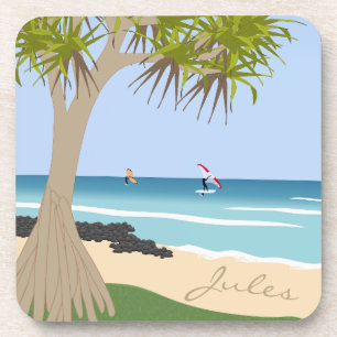 Wing Foil Surfers Pandanus Tree at Beach add Name Coaster