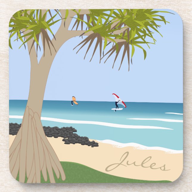 Wing Foil Surfers Pandanus Tree at Beach add Name Coaster (Front)