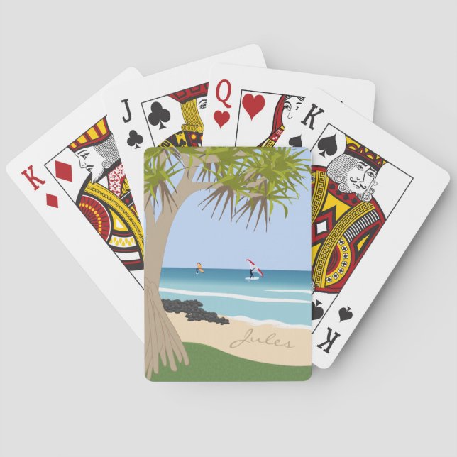 Wing Foil Surfers Pandanus Tree at Beach add Name Playing Cards (Back)