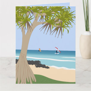 Wing Foil Surfers Pandanus Tree at the Beach Card