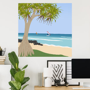 Wing Foil Surfers Pandanus Tree at the Beach Poster