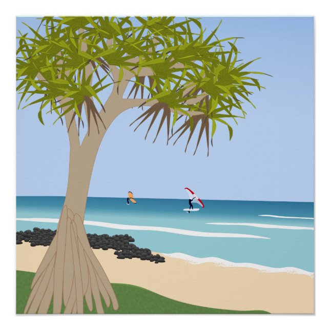 Wing Foil Surfers Pandanus Tree at the Beach Poster (Front)