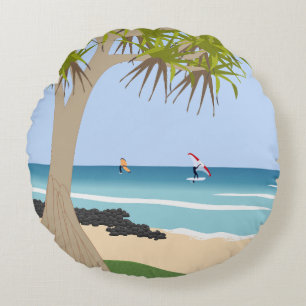 Wing Foil Surfers Pandanus Tree at the Beach Round Cushion