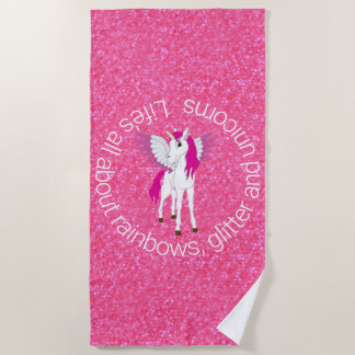 Wing Unicorn Party Glitter Pink Beach Towel