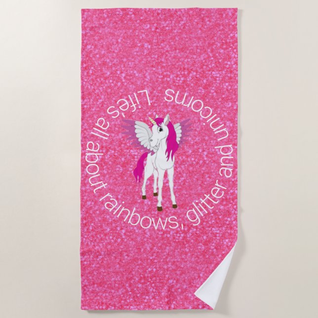 Wing Unicorn Party Glitter Pink  Beach Towel (Front)