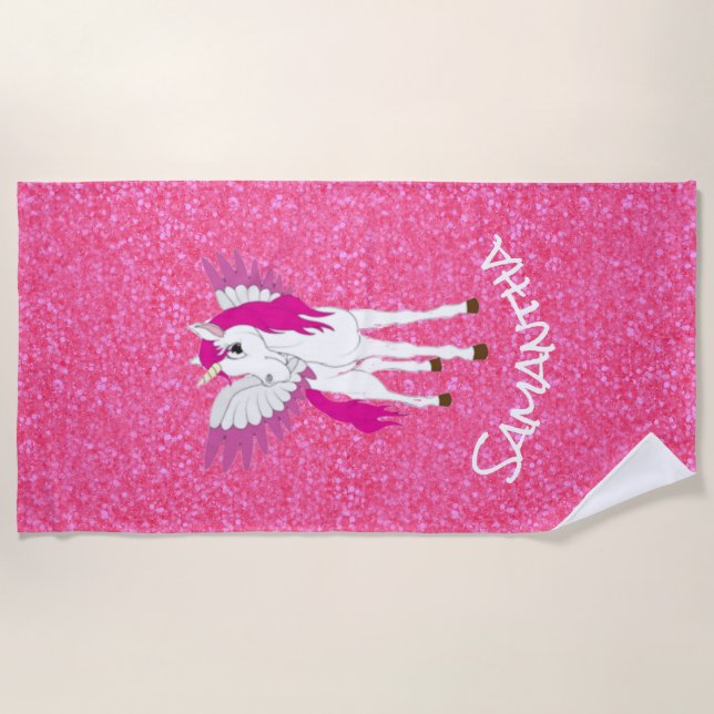Wing Unicorn Party Rainbow  Pink Glitter  Beach Towel (Front)