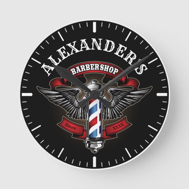 Winged Barber Pole Logo Personalize Round Clock (Front)