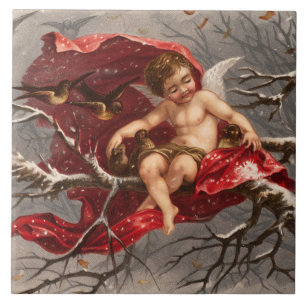 WINGED CHERUB ON WINTER TREE WITH BIRDS Christmas Ceramic Tile