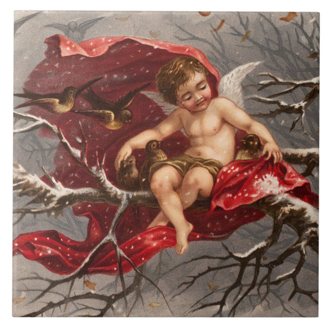 WINGED CHERUB ON WINTER TREE WITH BIRDS Christmas Ceramic Tile (Front)