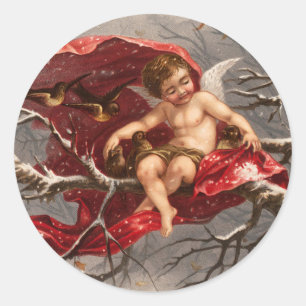 WINGED CHERUB ON WINTER TREE WITH BIRDS Christmas Classic Round Sticker