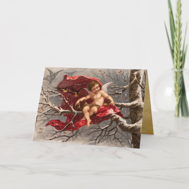 WINGED CHERUB ON WINTER TREE WITH BIRDS Christmas  Holiday Card (Front)