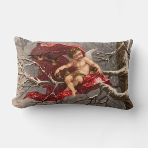 WINGED CHERUB ON WINTER TREE WITH BIRDS Christmas Lumbar Cushion