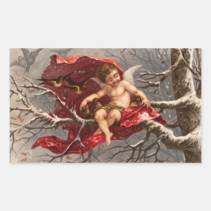 WINGED CHERUB ON WINTER TREE WITH BIRDS Christmas Rectangular Sticker