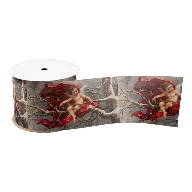 WINGED CHERUB ON WINTER TREE WITH BIRDS Christmas Satin Ribbon (Spool)