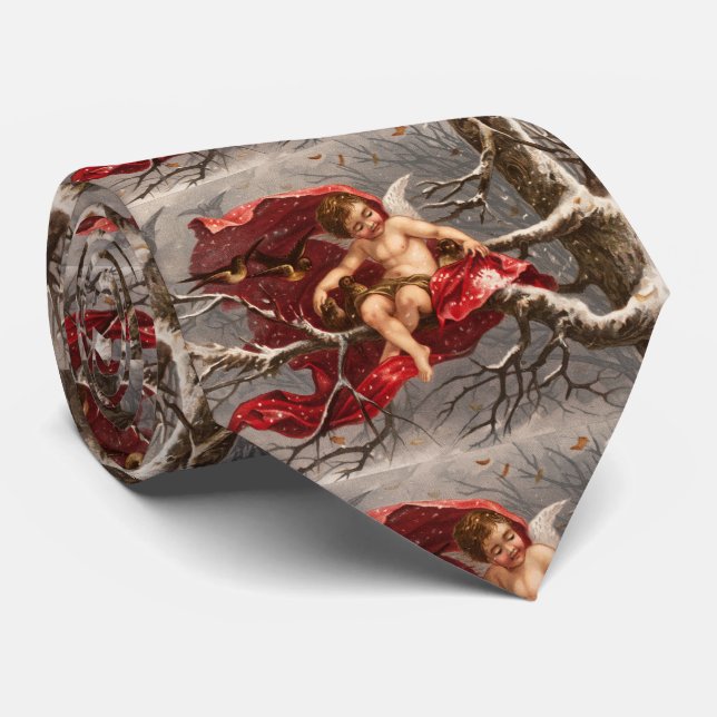 WINGED CHERUB ON WINTER TREE WITH BIRDS Christmas Tie (Rolled)