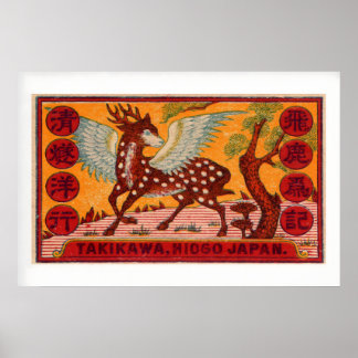 Winged Deer Hyogo Japan Vintage Matchbox Label Poster