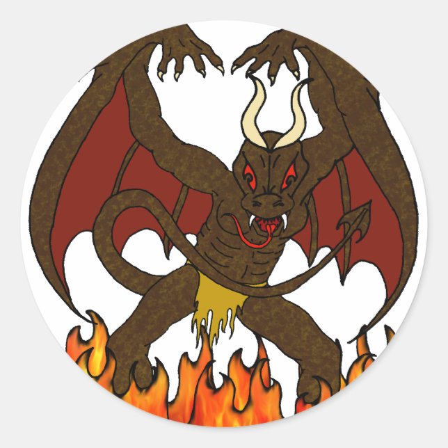 Winged Demon and Hell Flames Classic Round Sticker (Front)