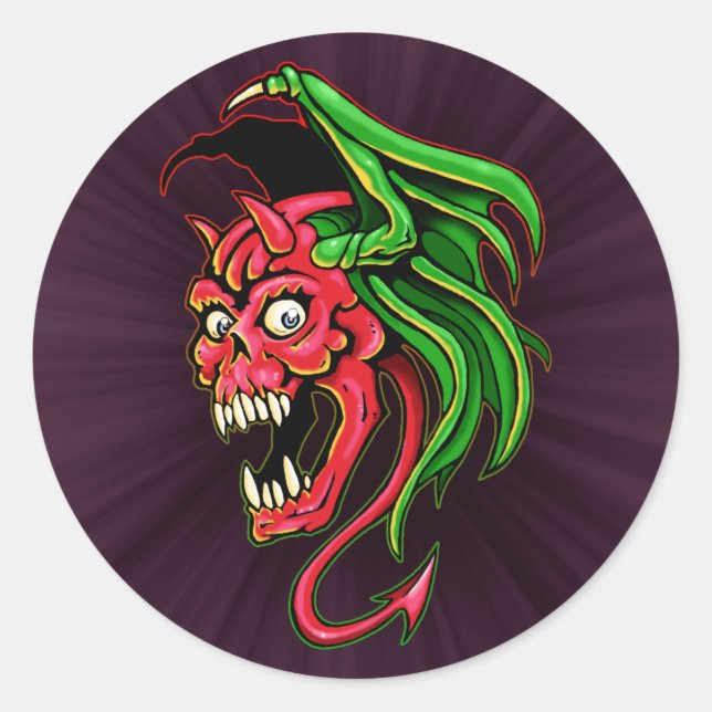 Winged Devil Skull Design Classic Round Sticker (Front)