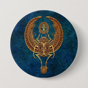 Winged Egyptian Scarab Beetle with Ankh - blue 7.5 Cm Round Badge