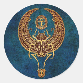 Winged Egyptian Scarab Beetle with Ankh - blue Classic Round Sticker