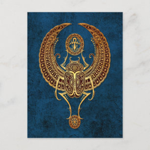 Winged Egyptian Scarab Beetle with Ankh on Blue Postcard