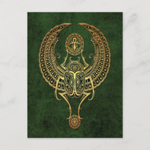 Winged Egyptian Scarab Beetle with Ankh on Green Postcard