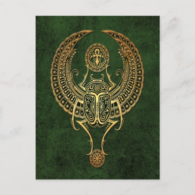 Winged Egyptian Scarab Beetle with Ankh on Green Postcard (Front)