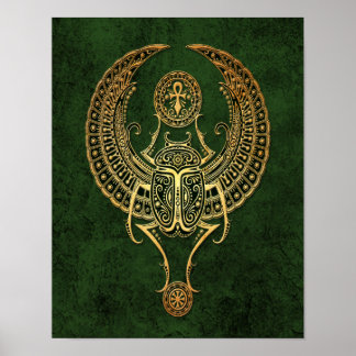 Winged Egyptian Scarab Beetle with Ankh on Green Poster