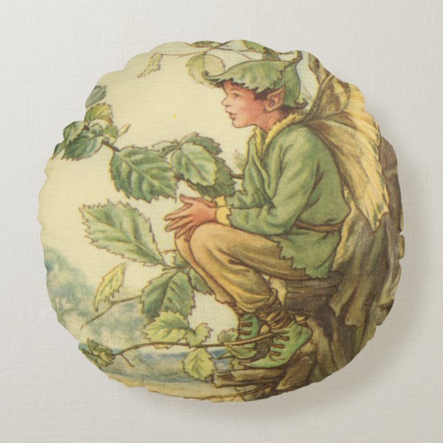 Winged Elm Fairy Sitting in a Tree Round Cushion (Front)