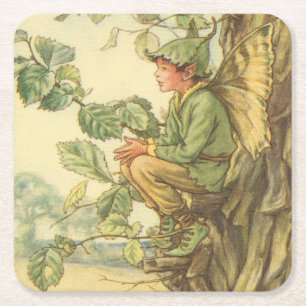 Winged Elm Fairy Sitting in a Tree Square Paper Coaster