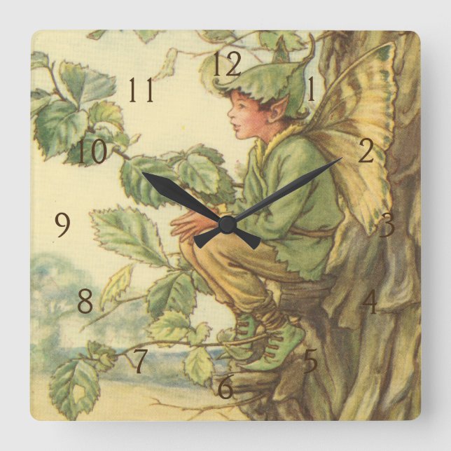 Winged Elm Fairy Sitting in a Tree Square Wall Clock (Front)