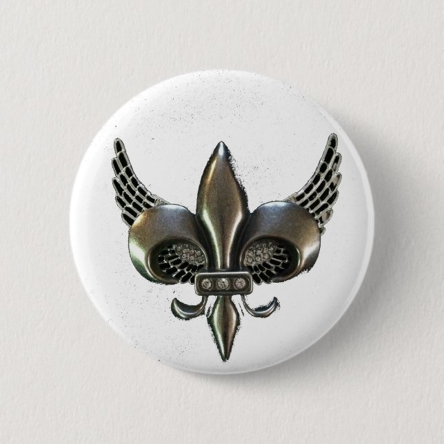 WINGED FLEUR-DE-LIS DISTRESSED PEWTER 6 CM ROUND BADGE (Front)