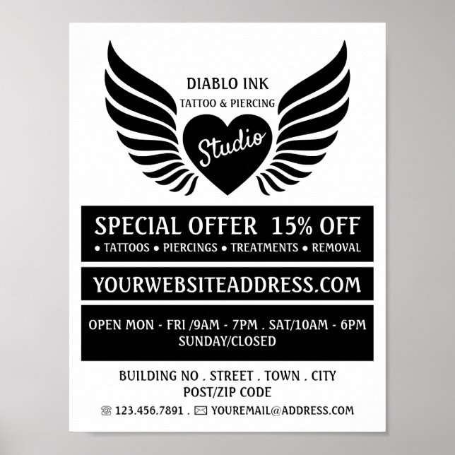 Winged Heart Tattoo, Tattoo & Body Piercing Studio Poster (Front)