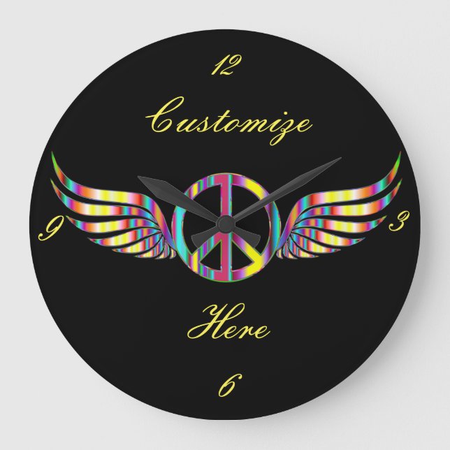 Winged Hippie Peace Symbol Thunder_Cove Large Clock (Front)