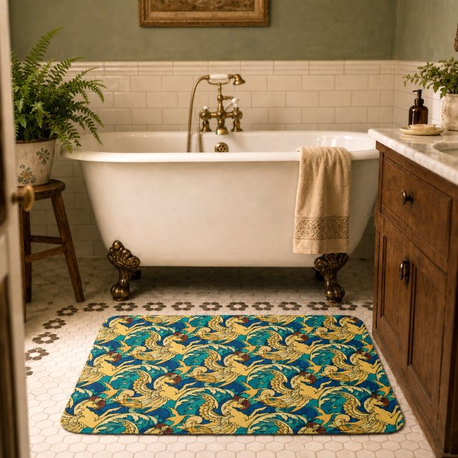 Winged Hippocampus Sea Horses In Ocean Pattern Bath Mat (Creator Uploaded)