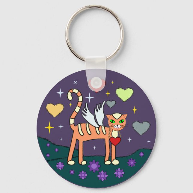 Winged Kitty with Heart Custom Keychain (Front)