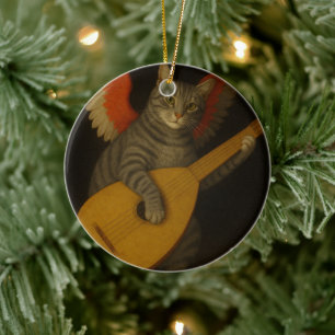 Winged Musician Cat Playing Lute Art Ceramic Ornament