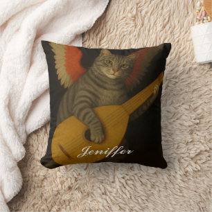 Winged Musician Cat Playing Lute Art Cushion