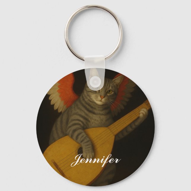 Winged Musician Cat Playing Lute Art               Key Ring (Front)