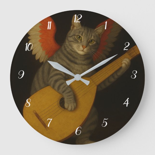 Winged Musician Cat Playing Lute Art               Large Clock (Front)